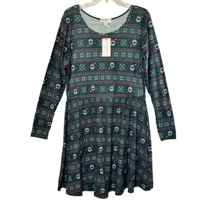 No Comment Plus LA Green Santa Snowflakes Fair Isle Long Sleeve Dress Women's 2X